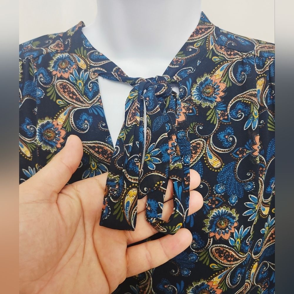 Luxology Blue and Gold Paisley Long Sleeve Flowy Dress - Picture 3 of 7